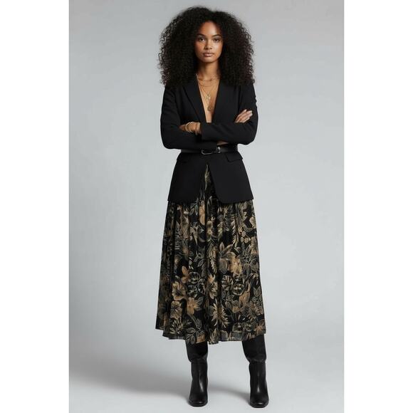 Jones New York Vintage Floral Pleated Rayon Midi Skirt 14 Black - Picture 1 of 5